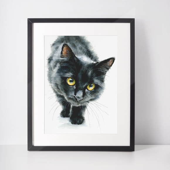 Watercolor Siberian Black Cat Art Print Illustartion - Pet Portrait - Unframed - Picture 2 of 6